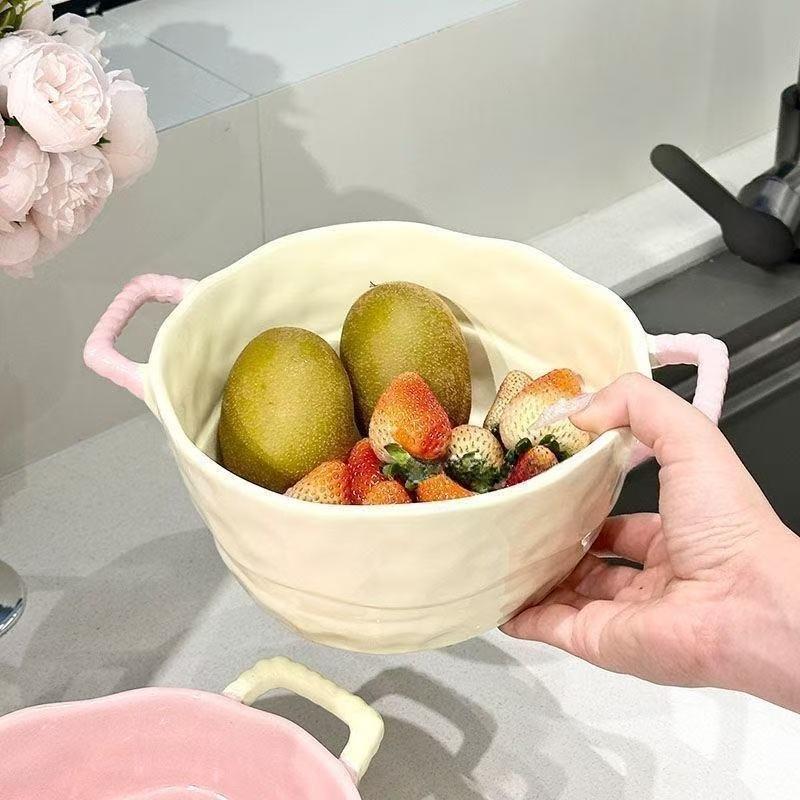 Керамическая суповая миска с двумя ручками, большая бытовая миска для фруктового салата, миска для лапши быстрого приготовления