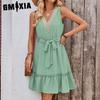 GMXIA Женская мода лето весна однотонный принт без рукавов с v-образным вырезом и высокой талией повседневные платья