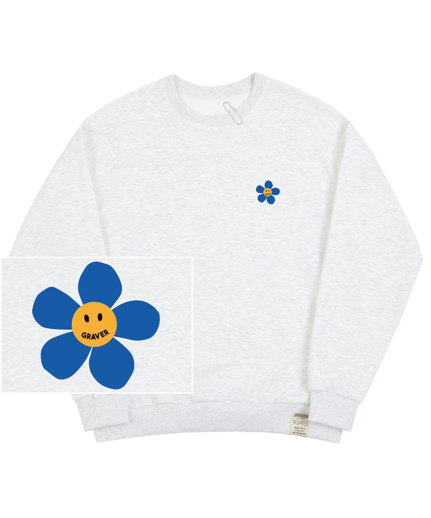GRAVER [Unisex] Blue Flower Dot Smile Logo Sweatshirt_Melange White