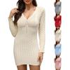 Women's Solid Color Zipper V-neck Tight Wrap Hip Slim Sexy Long-sleeved Dress
