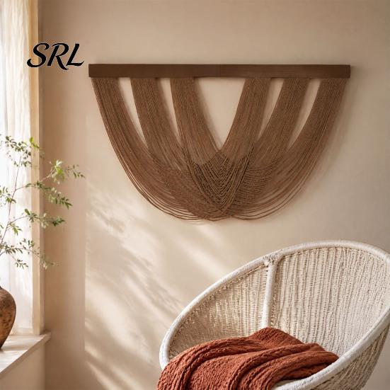 Cotton Woven Tapestry Boho Tassel Wall Tapestry, Rustic Hanging, String Hanging with Wooden Rod for Bedroom Living Room Decor