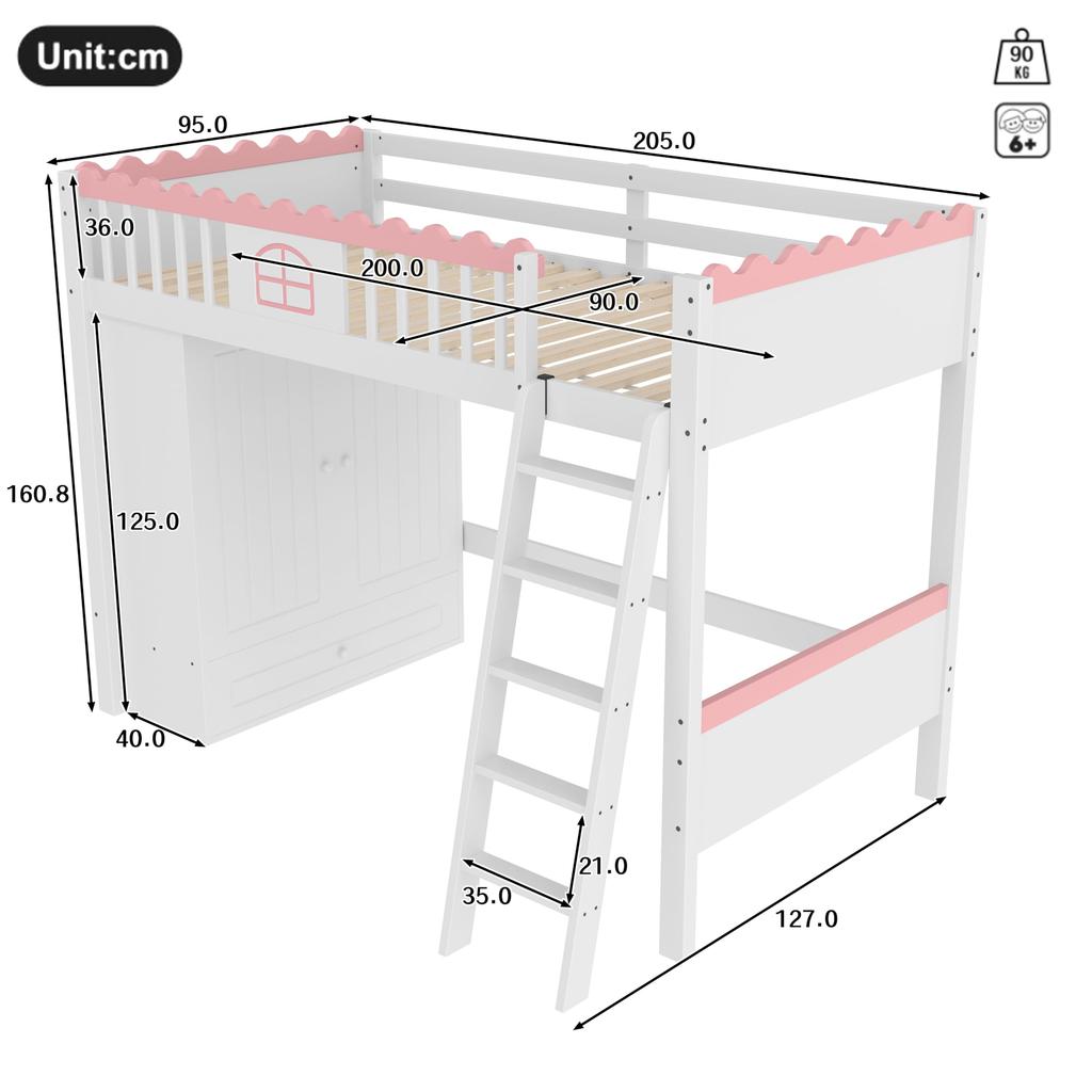 Loft Bed 90x200 Children's Bed Girl Youth Bed Wardrobe Drawers LED Bed Frame Slatted Frame Pine Wood EN747 Certified White
