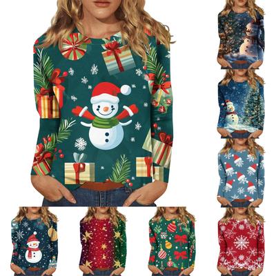 Женский модный повседневный топ с длинными рукавами и рождественским принтом с круглым вырезом Топ с длинными рукавами