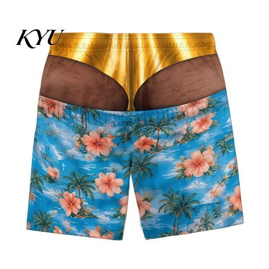 Summer Party Tricky Swimwear Hairy Big Booty Shorts, USA Flag Print Men Swim Trunks, Golden Funny 3D Visual Effect Shorts Briefs Design, Beach