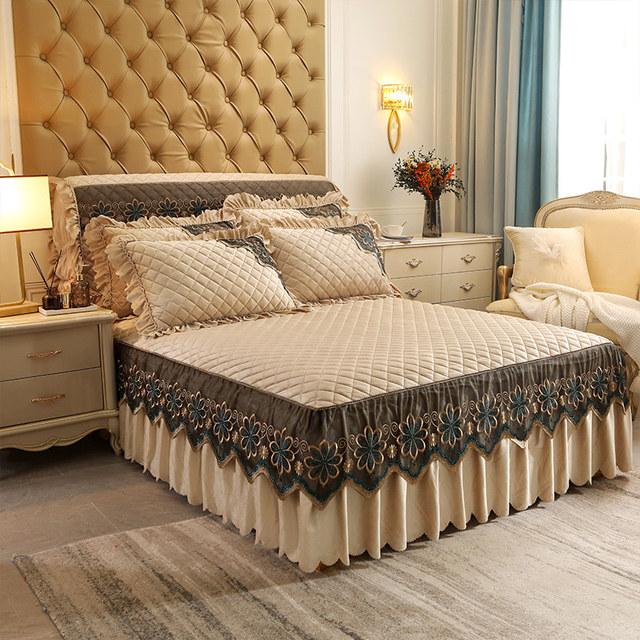 Европейское роскошное кружевное веерное покрывало для кровати, бархатное 200x220, стеганое покрывало королевского размера, юбка королевы, оборки, чехлы на изголовье