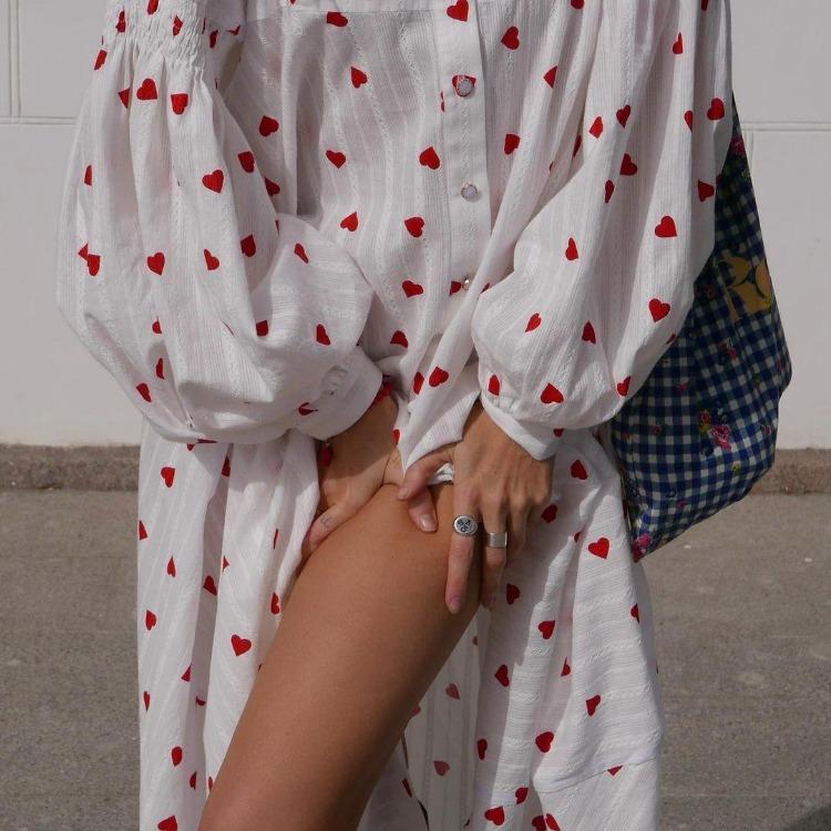 Women High Waist Stand Collar Long Sleeve Ankle Length Slip Dress with Heart Print Elegant Fashion