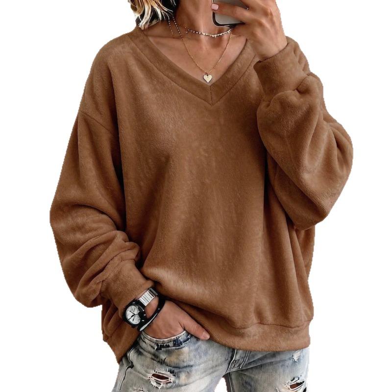 Women S V Neck Long Sleeve Loose Fit Fleece Casual Sweatshirt