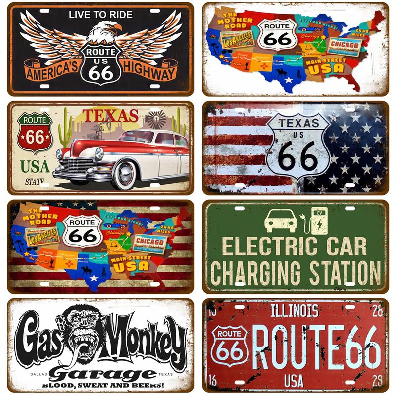 Garage Car Retro Route 66 Tinplates Plate Metal Sign Posters On The Wall Tin Sign Vintage Poster Home Decor Art Room Decoration