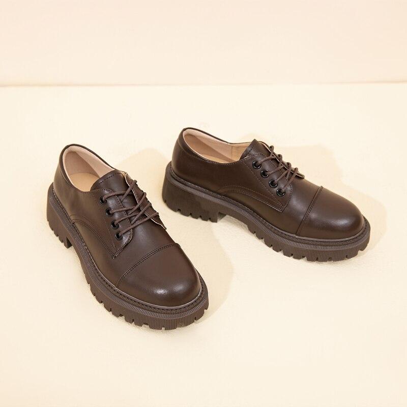 Женские лоферы, студенческая обувь из натуральной кожи на толстом каблуке, женские туфли-оксфорды на шнуровке в британском стиле, обувь