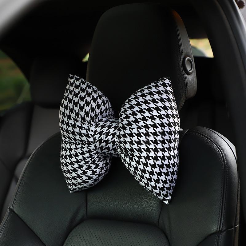 Houndstooth Bow Car Headrest Neck Pillow & Waist Pillow Set - Cute Car Interior Accessories for Women