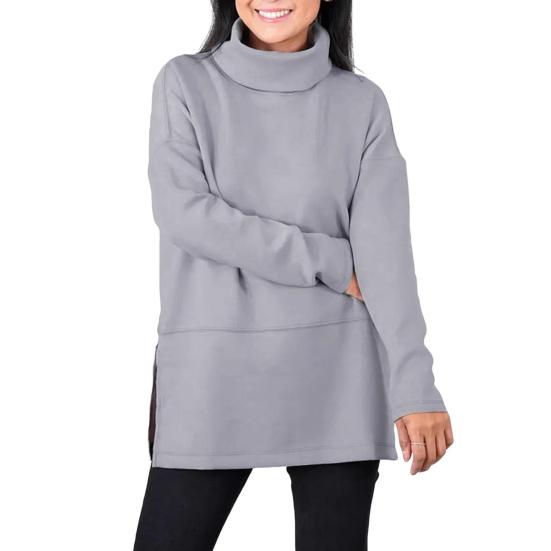 Женская толстовка с полувысоким воротником и разрезом по низу, однотонная плотная одежда больших размеров, длинный рукав, однотонный пуловер, сохраняющий тепло, повседневный топ