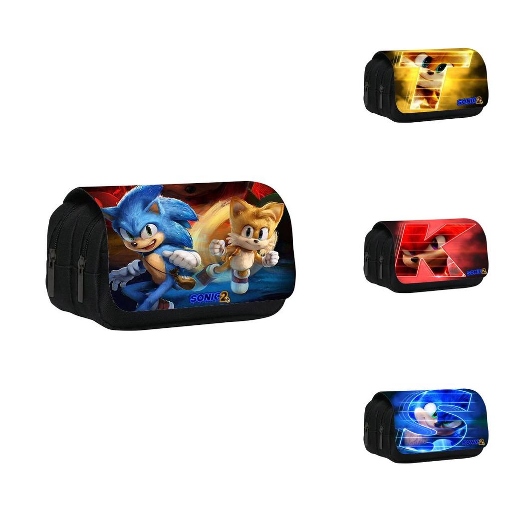 Sonic Cartoon Pattern Double Layer Flip Cover Student Stationery Storage Pencil Bag For School And Work