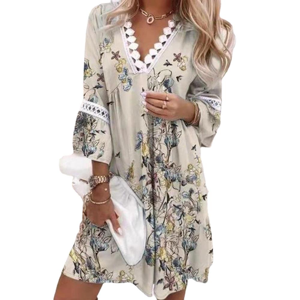 Летнее кружевное лоскутное платье с v-образным вырезом и рюшами, рукавами три четверти и цветочным принтом, женская одежда трапециевидной формы больших размеров