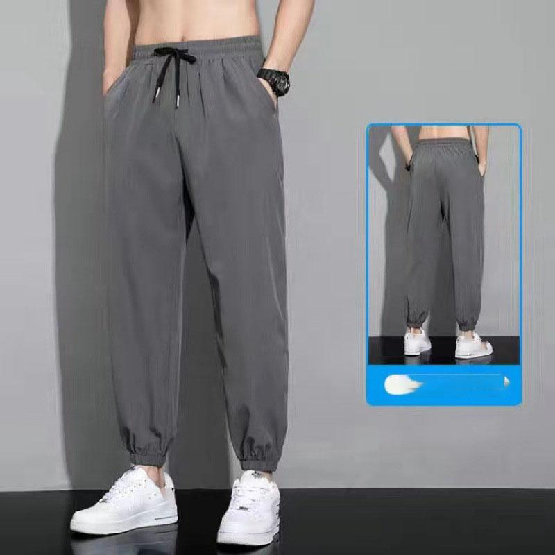 Мужские брюки из ледяного шелка, прямые, тонкие боковые карманы, на шнурке, эластичная талия, большие размеры, свободные, быстросохнущие, однотонные, быстросохнущие, для тренировок в тренажерном зале, для бега