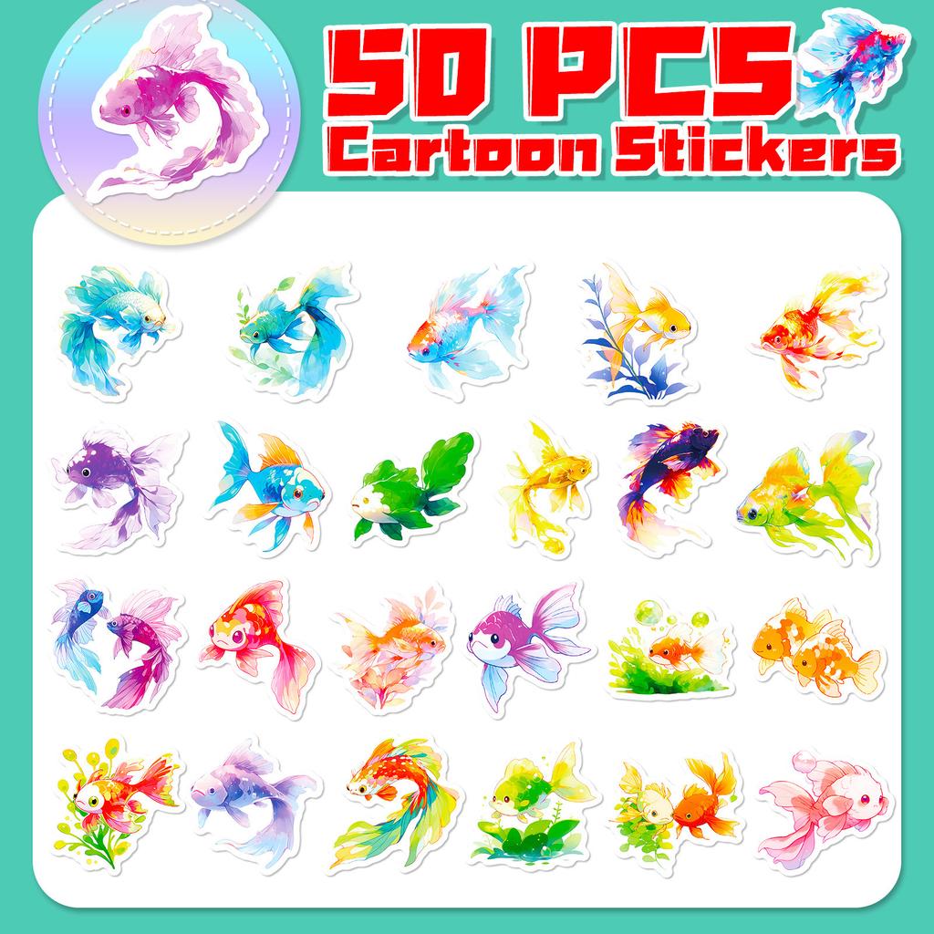 50 Colorful Small Fish Stickers New Products Tropical Underwater Ocean Cute Cartoon Small Goldfish Graffiti Stickers