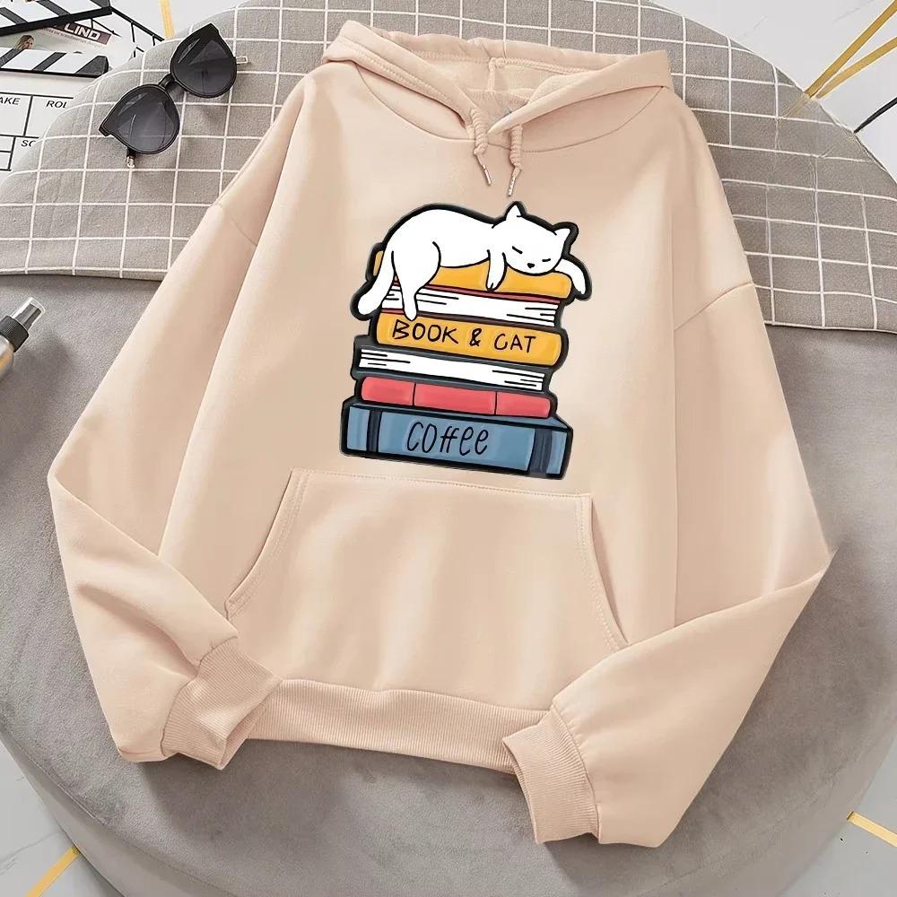 White Cat Sleeping on A Pile of Books Hoodie Women Novelty Fashion 2D Hoody Loose Oversized Basic New Casual Daily Autumn Hoodie