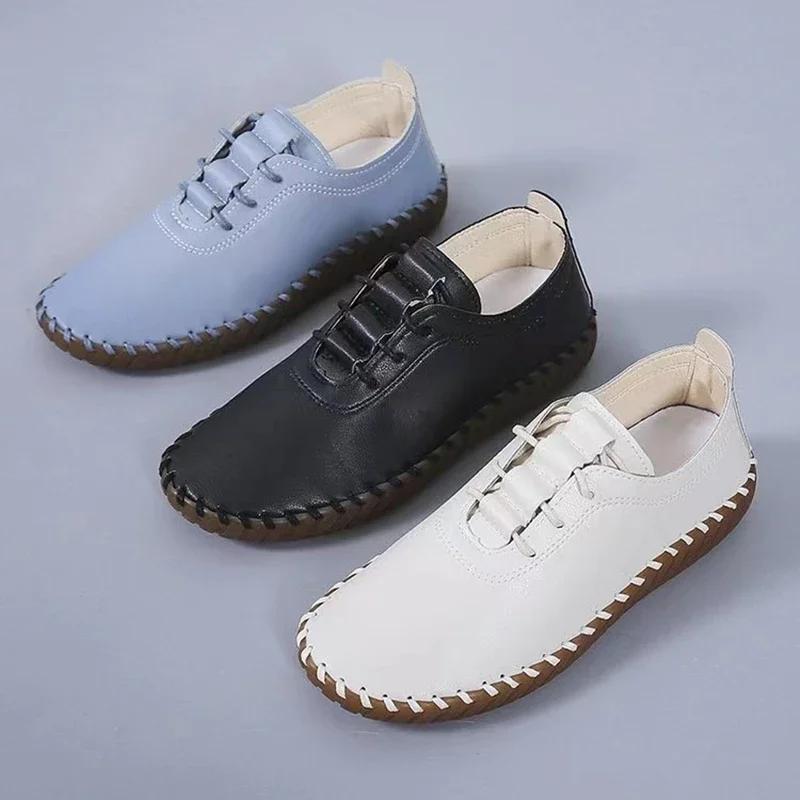 2024 Sneakers Women Shoes Platform Loafers Lace Up Leather Flats Trend Spring Casual Mom Shoe Mujer Zapatos Chaussure Femme