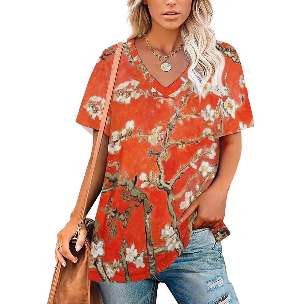 Van Gogh T-Shirts Oil Painting 3D Print Women Short Sleeve T Shirt V-Neck Streetwear Oversized Harajuku Female Tees Top Clothing