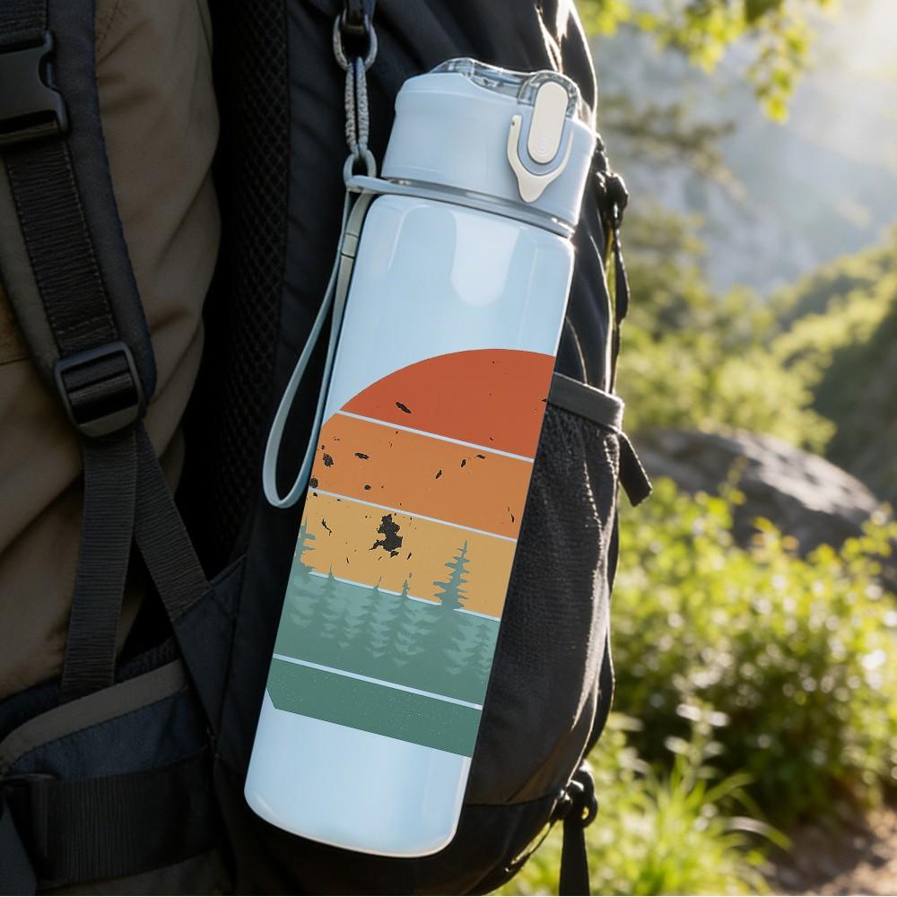 1PC Retro Circle Mountain Sunset Art 750ml Color Plastic Sports Water Bottle Leakproof Flip Straw Lid Suitable for Sports Office Home Use