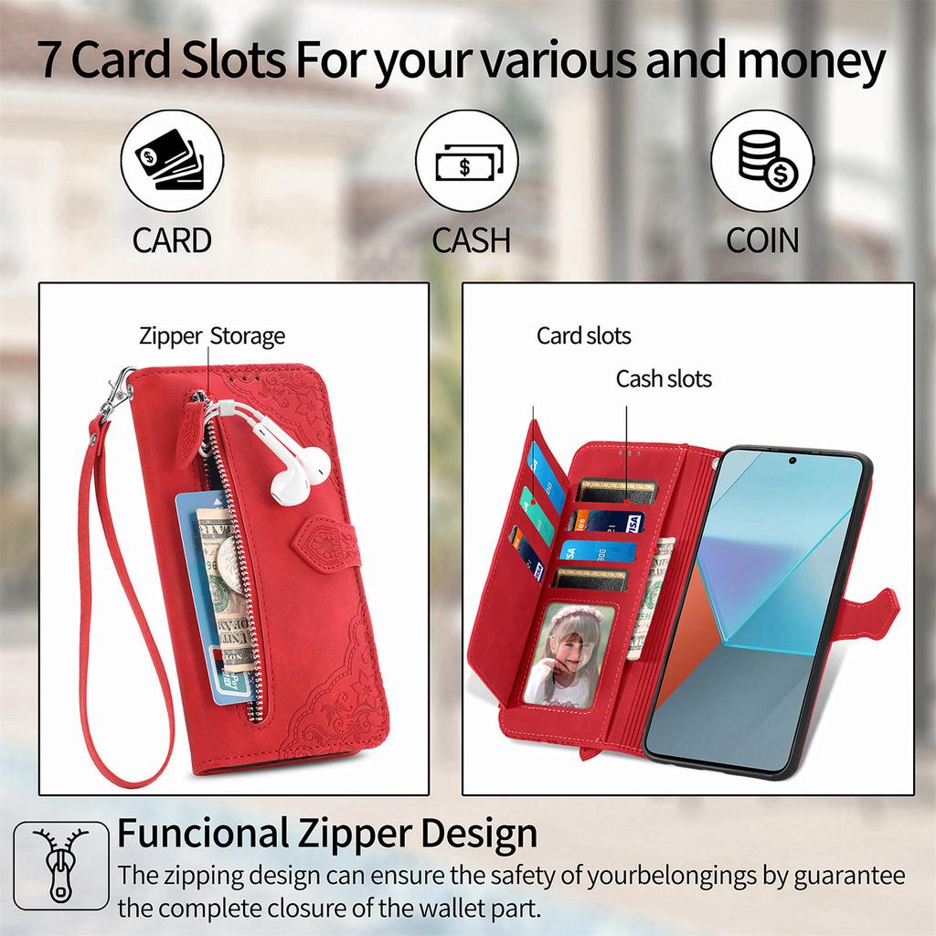 For Xiaomi Redmi Note 13 Pro 5G/Poco X6 5G Zipper Wallet Case with Strap Flower Imprint PU Leather Phone Cover