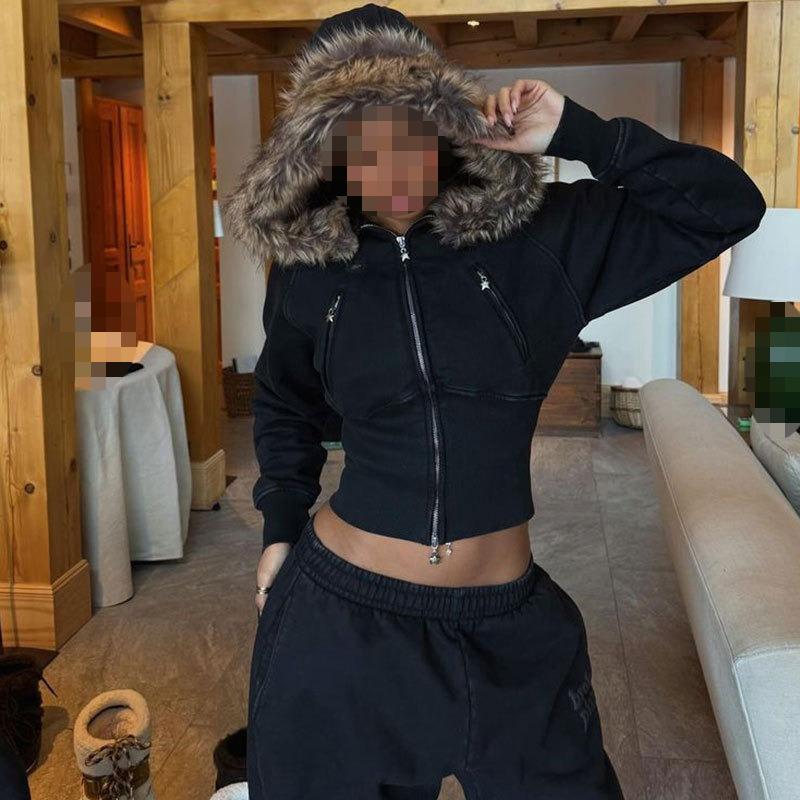 Осень и Зима Европейский и Американский Ретро Молния Персонализированный Приталенный Талия Плюшевое Худи Женская Одежда