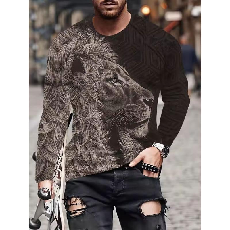 Футболка с длинными рукавами и принтом 3D Lion, летняя быстросохнущая хлопковая футболка для мужчин, уличная мужская одежда, свободная футболка большого размера