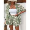 Women Casual Damask Print Short Sleeve Open Front Blouse Tied Waist Loose Shorts Outfit Set