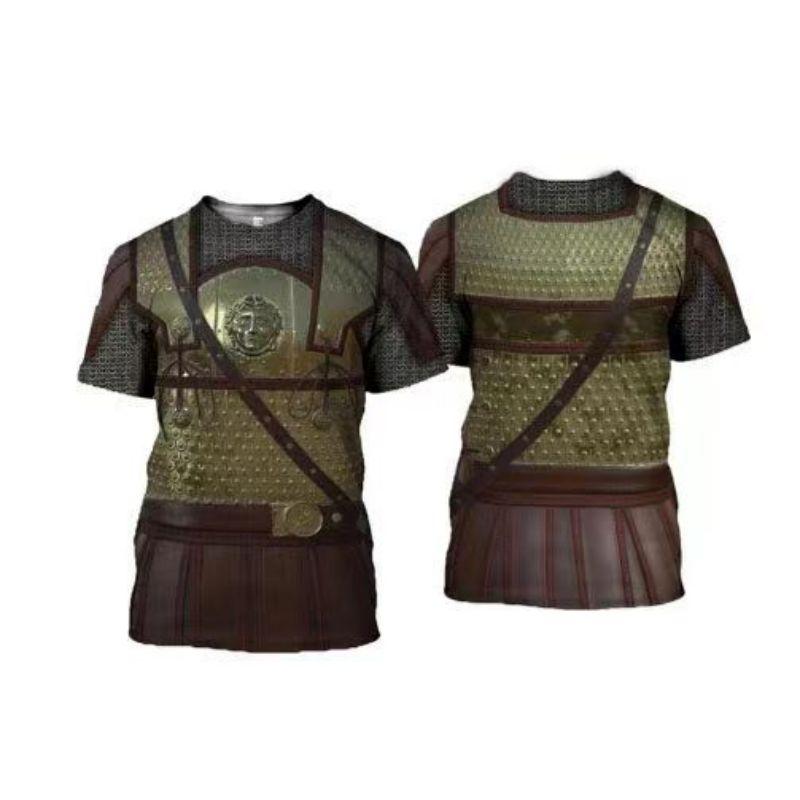 Летний мужской 3D-печатный ретро-костюм в стиле средневекового рыцаря с круглым вырезом и коротким рукавом, свободный повседневный топ больших размеров