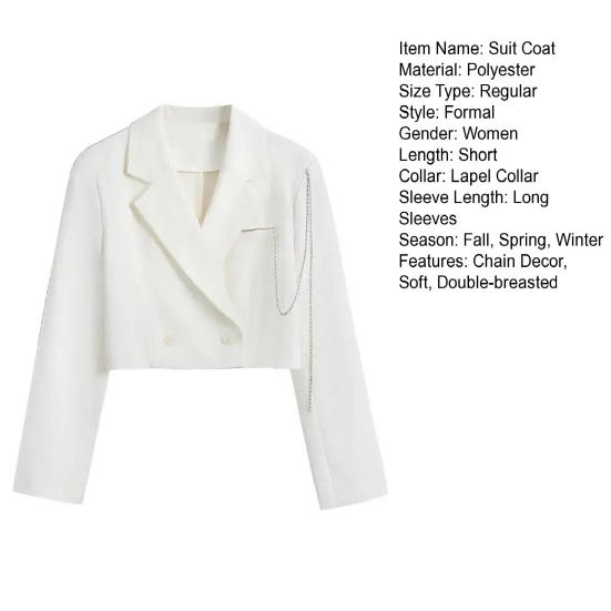 Women Short Suit Coat Double-breasted Chain Decor Long Sleeve Cardigan Lapel Notch Collar Loose Solid Color Thin Formal Business Style Lady Jacket