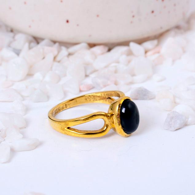 Black Onyx Gold Plated Oval Ring | Minimalist Brass Statement Jewelry for Women | Protection Stone Gift