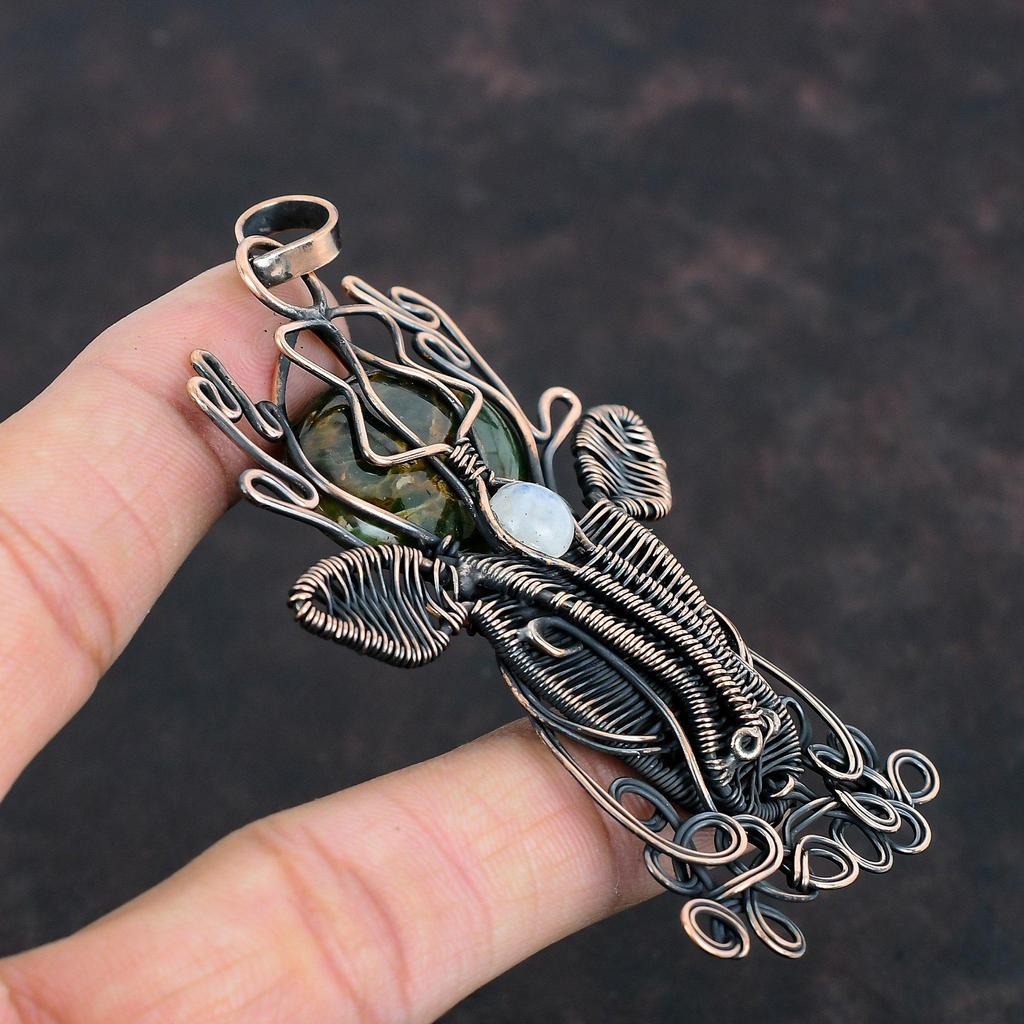 Australian Chrome Chalcedony Pendant Copper Wire Wrapped Gemstone Pendant Handmade Deer Face Pendant Rainbow Moonstone Pendant Gifts For Him