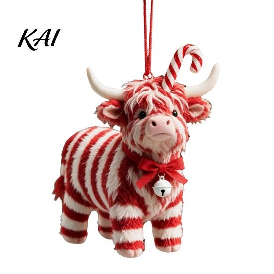 Cute Animal Pendant for Holiday Party Highland Yak Ornament Christmas Tree Hanging Decor, 2D Flat Acrylic Ornaments with Gold String Festive