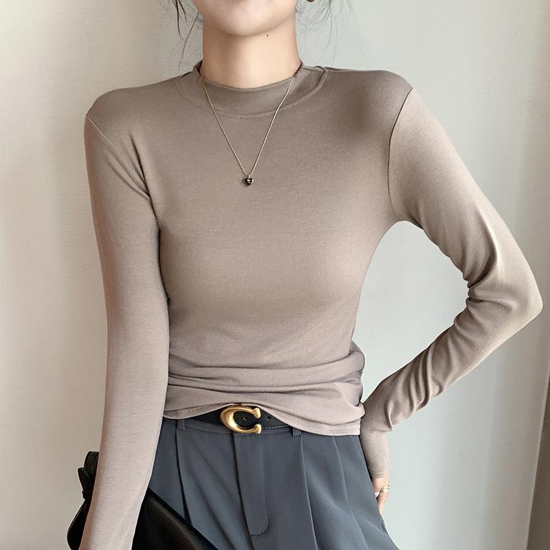 Длинный рукав Женская холодная базовая теплая футболка Модальная нижняя рубашка Однотонная осенняя футболка с полувысоким воротом и круглым вырезом с маленьким воротником