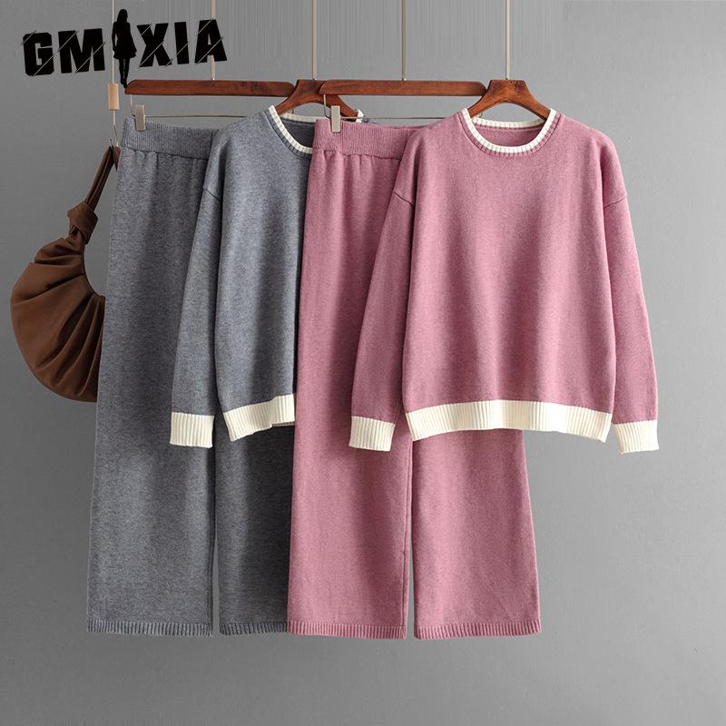GMXIA Autumn and Winter Style Contrasting Color Round-neck Knitted Sweater Slimming Wide-leg Pants Two-piece Set for Women