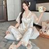Ice Silk Pajamas Women'S Short-Sleeved Trousers Summer Silk Cute Kitten Jacquard Student Loungewear Set