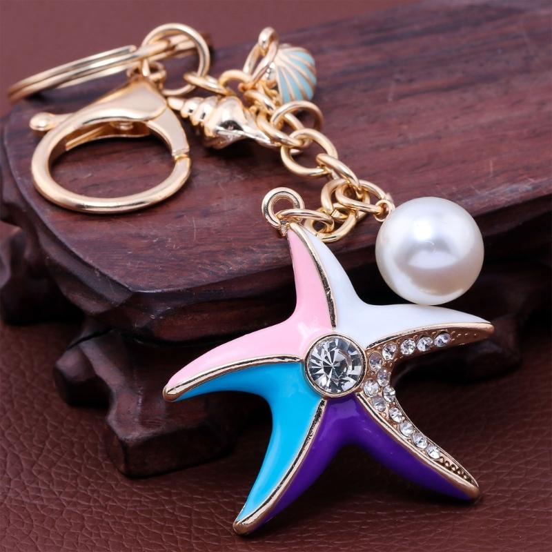 Jewelry Charm Keychain Rhinestones Encrusted Starfish and Conch Shell Pendant Keyring Handbag Accessories for Women