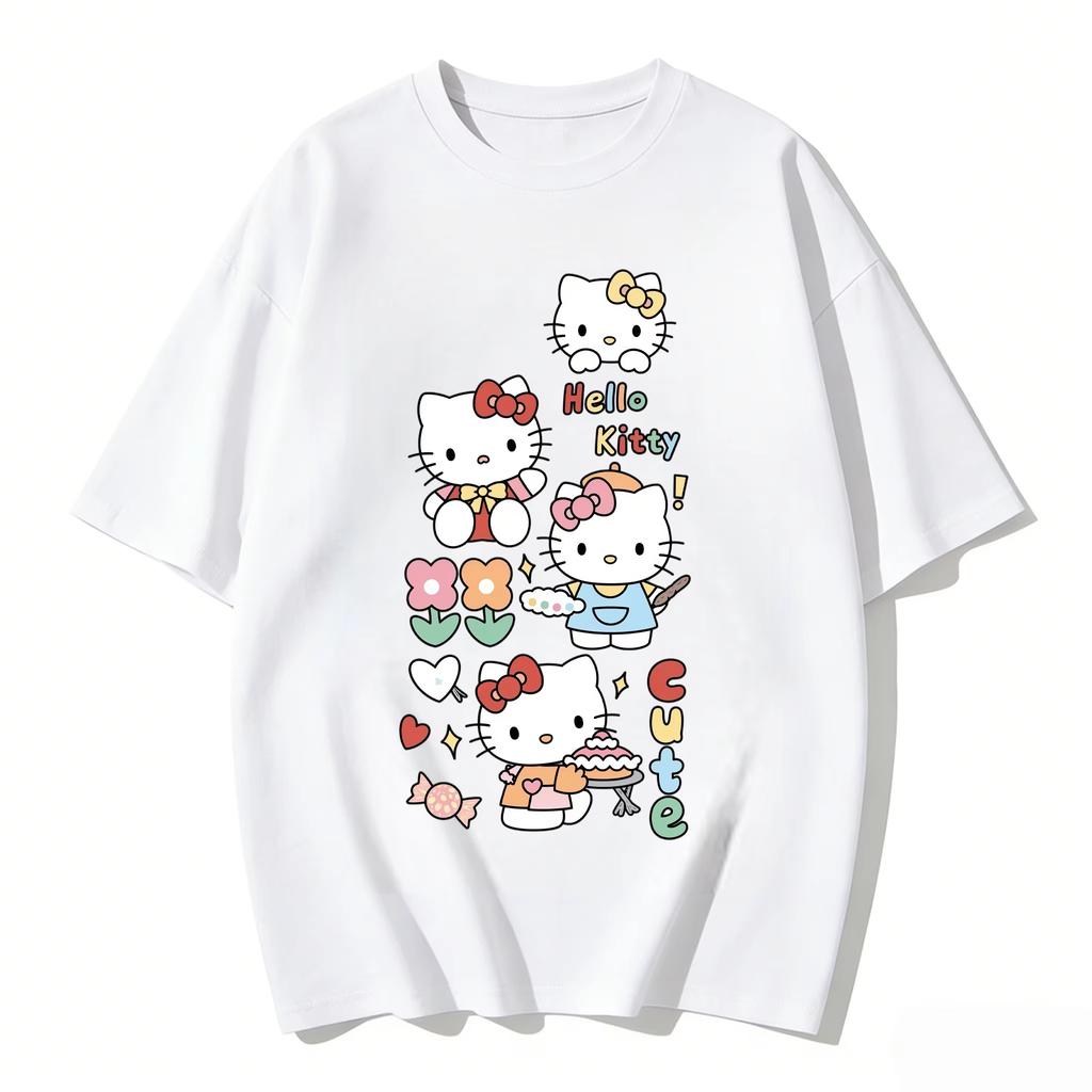 2026 новый летний милый графический топ HelloKitty повседневный хлопковый топ с коротким рукавом для женщин и девочек Каваи мультяшный принт Streetwear