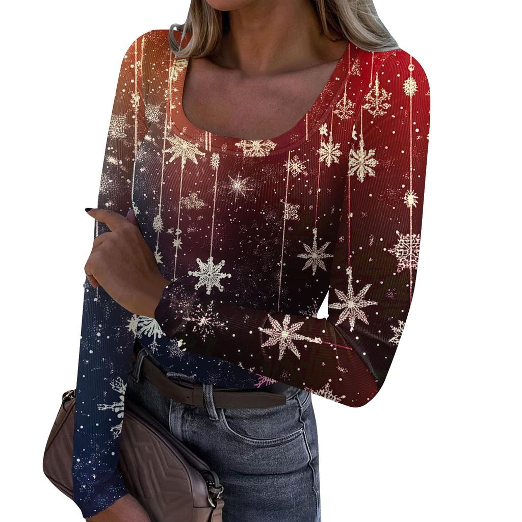 Женская модная футболка с тонким низом, рождественский принт, пуловер с U-образным вырезом и длинными рукавами