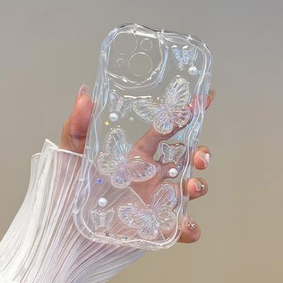 3D Милый Чехол-Брелок Бабочка с Жемчугом для iPhone 17 Air 16 15 14 13 12 11 Pro Max X XS XR Мягкий ТПУ Ударопрочный Задний Чехол