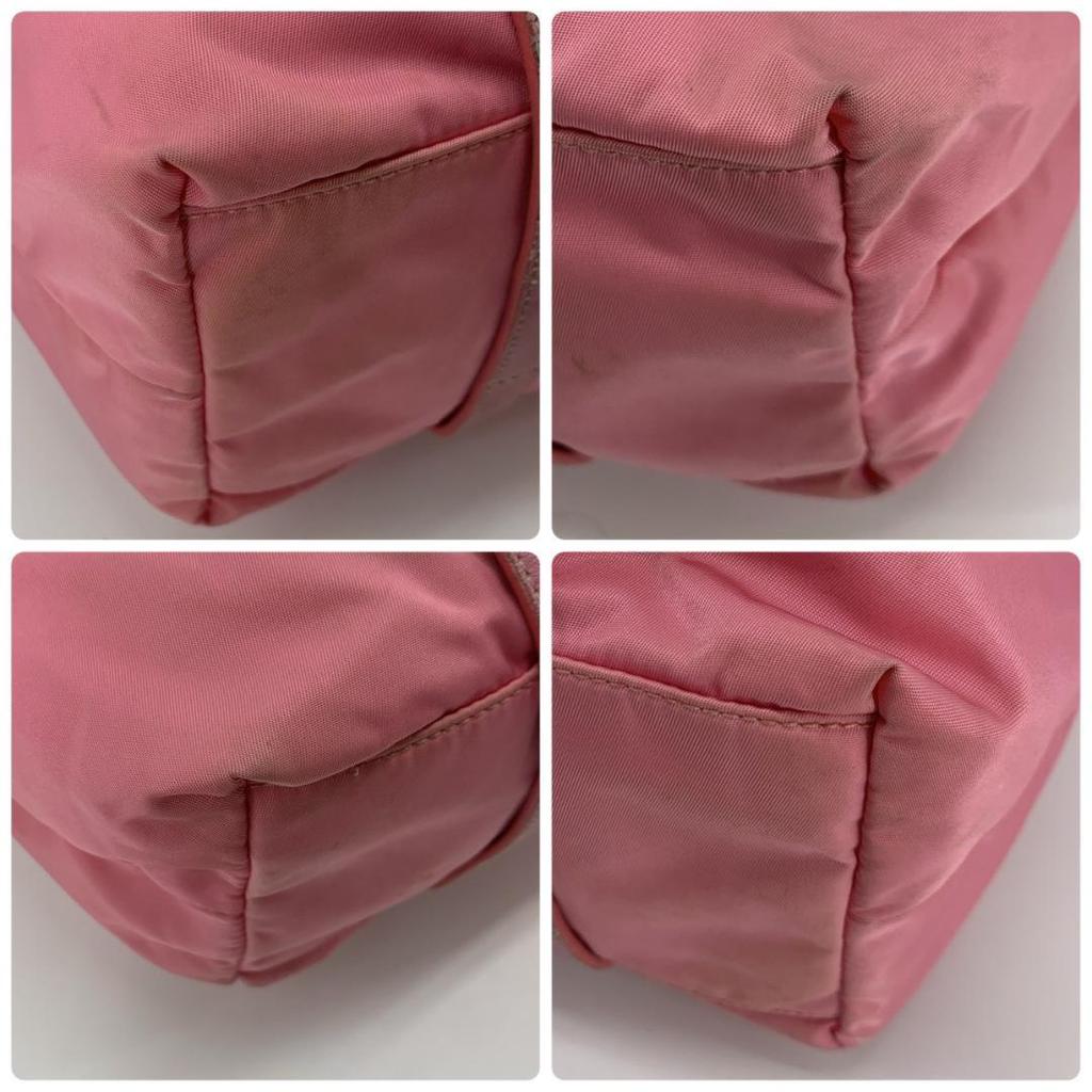 PRADA Pocono Tessuto Nylon Ribbon Hand Tote Bag One Shoulder Strap Leather Pink Silver Hardware Triangle Logo Plate