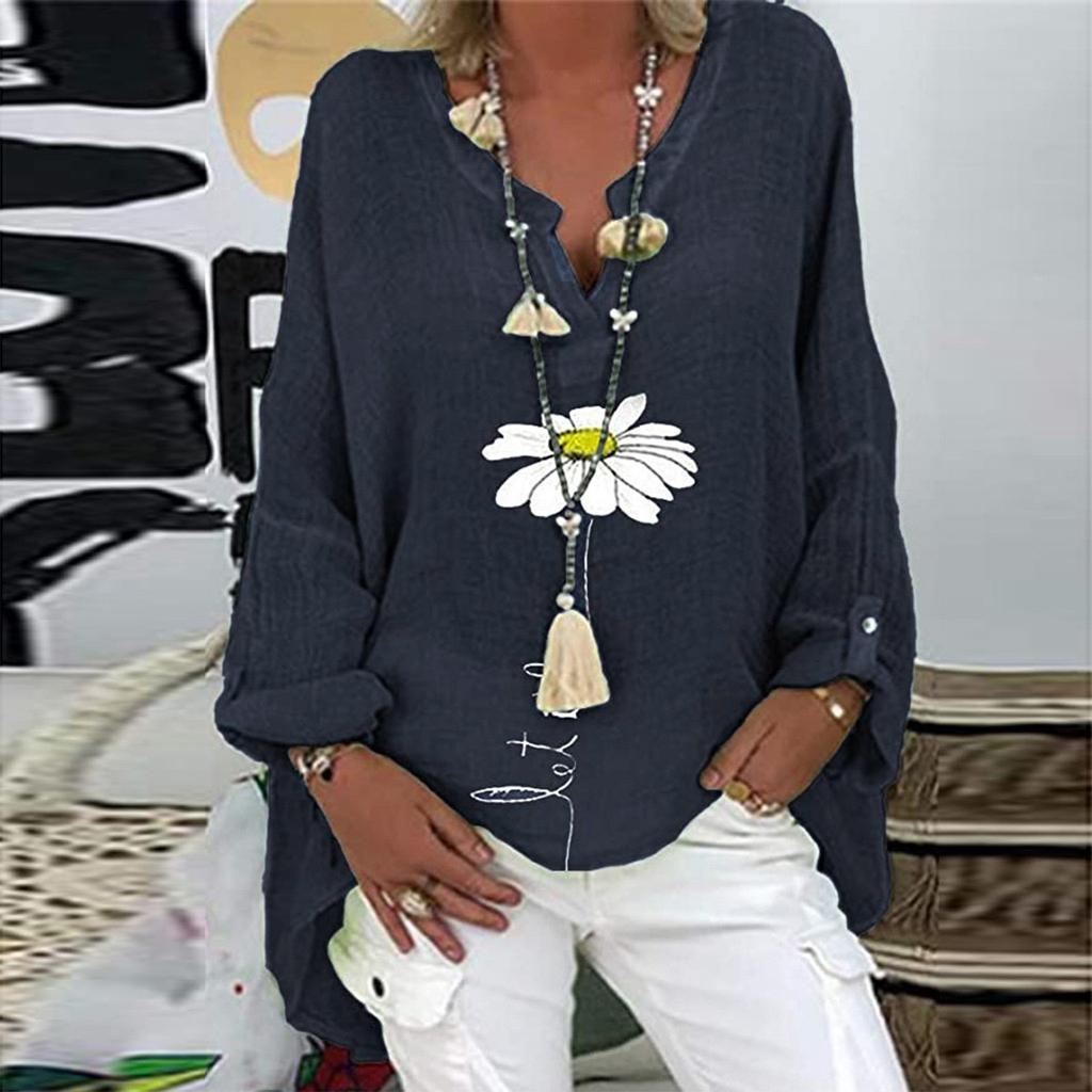 Women's Imitation Cotton Print Casual V-Neck Large Size Print Shirt Tops