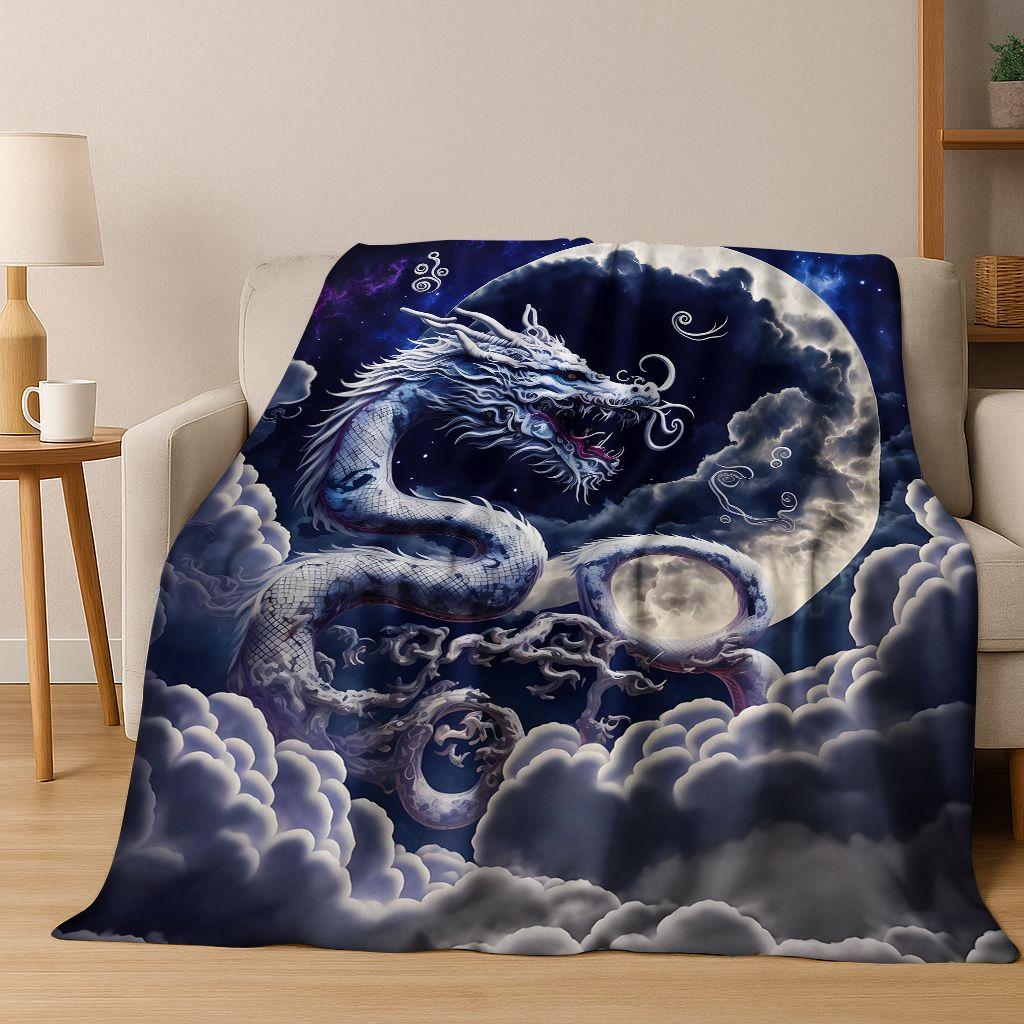 Magic Dragon Mythology Art Chinese Loong Cartoon Flannel Blanket,Cozy Soft Throw Blanket for Home Bedroom Bed Sofa Cover Kid
