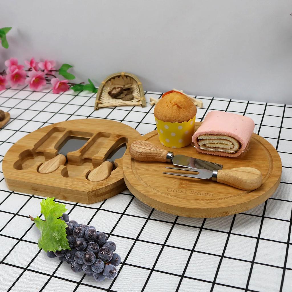 Bamboo Cheese Plate Wooden Breadboard Cutlery Cutter Set Cheese Charcuterie Board With Slide Out Drawer Cooking Tools