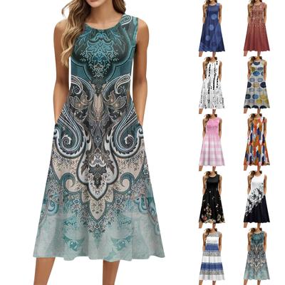 Женское модное платье средней длины с круглым вырезом и принтом без рукавов