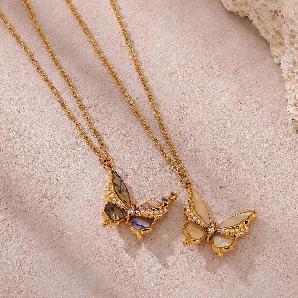 DIEYURO Stainless Steel Luxurious Colored Shell Zircon Butterfly Pendant Exquisite Necklace Lady New Fashion Neck Chain Jewelry