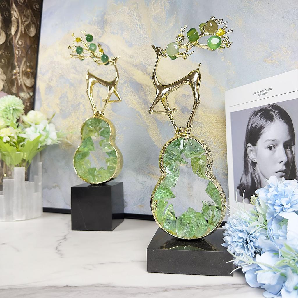 Metal Handicrafts Crystal Green Gourd Sculpture Golden Deer Metal Figurine Lucky Crystal Statue Home Decoration Accessories
