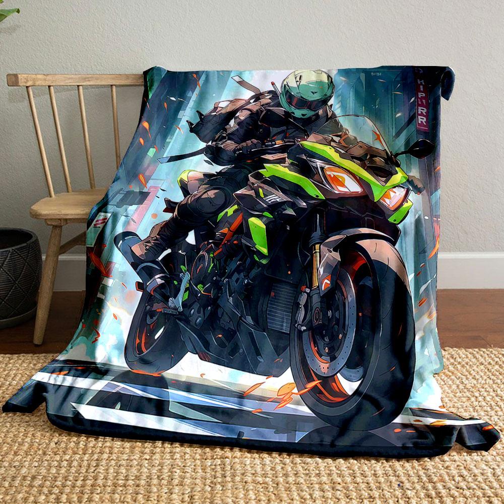 Futuristic Biker with Neon Green Motorcycle Patterned blanket, flannel, suitable for all seasons, home decor, warm and cozy