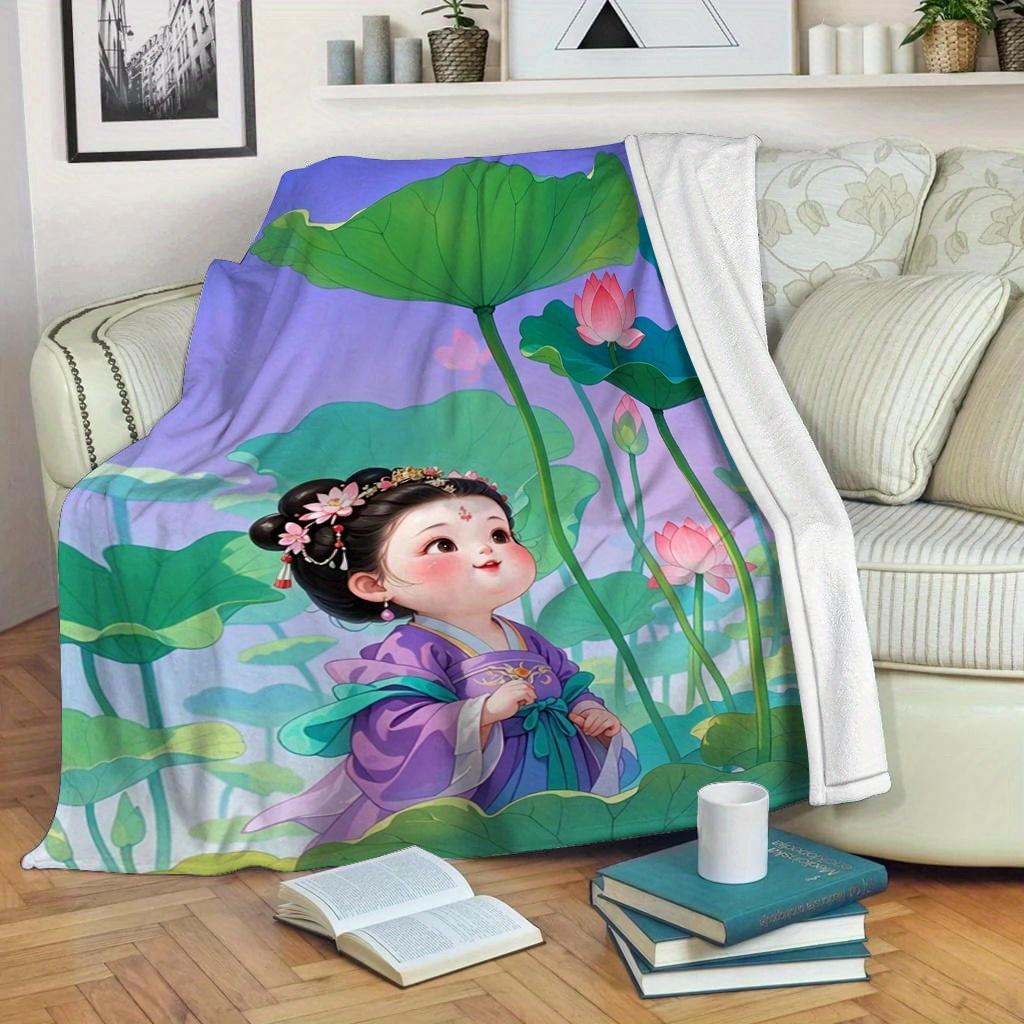 Traditional costume cute girl pattern Flannel printed blanket suitable for all seasons suitable for room office sofa and travel