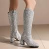 Sequin Cloth Bling Bling Glitter Gold Silver Party Weddding Bride Shoes Block High Heels Knee High Shiny Women Boots Winter 45