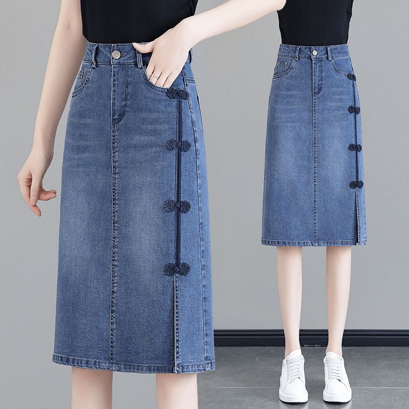 Юбка из денима в китайском стиле с разрезом на высокой талии и летней юбкой средней длины